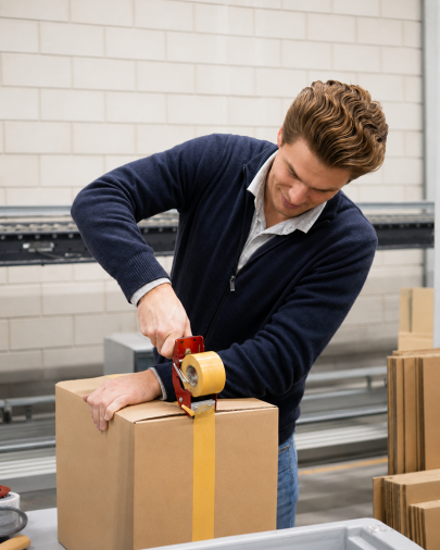 Diederick Slagter aan het werk als flexwerker tijdens het inpakken van dozen