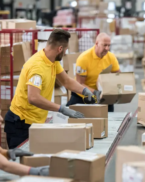 Sorter paczek pakujący i sortujący kartony przy linii produkcyjnej w magazynie.