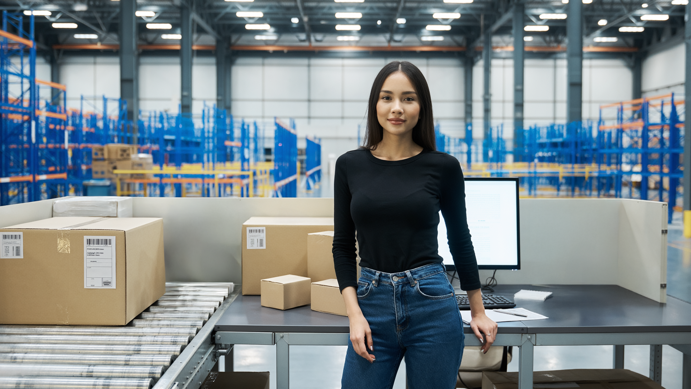 E-commerce order picker packing items at the white desk. Work with scanner.