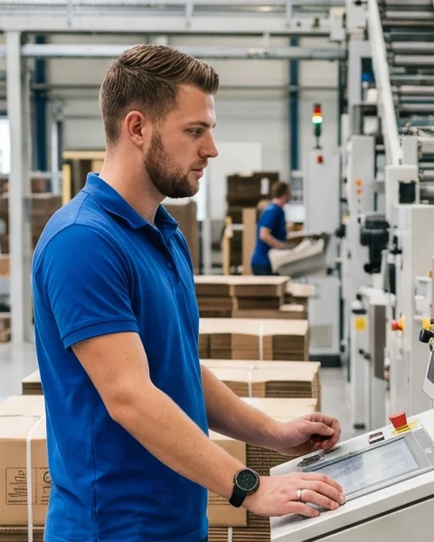 Asystent Operatora Maszyn nadzorujący i obsługujący maszyny produkcyjne w zakładzie produkcyjnym.