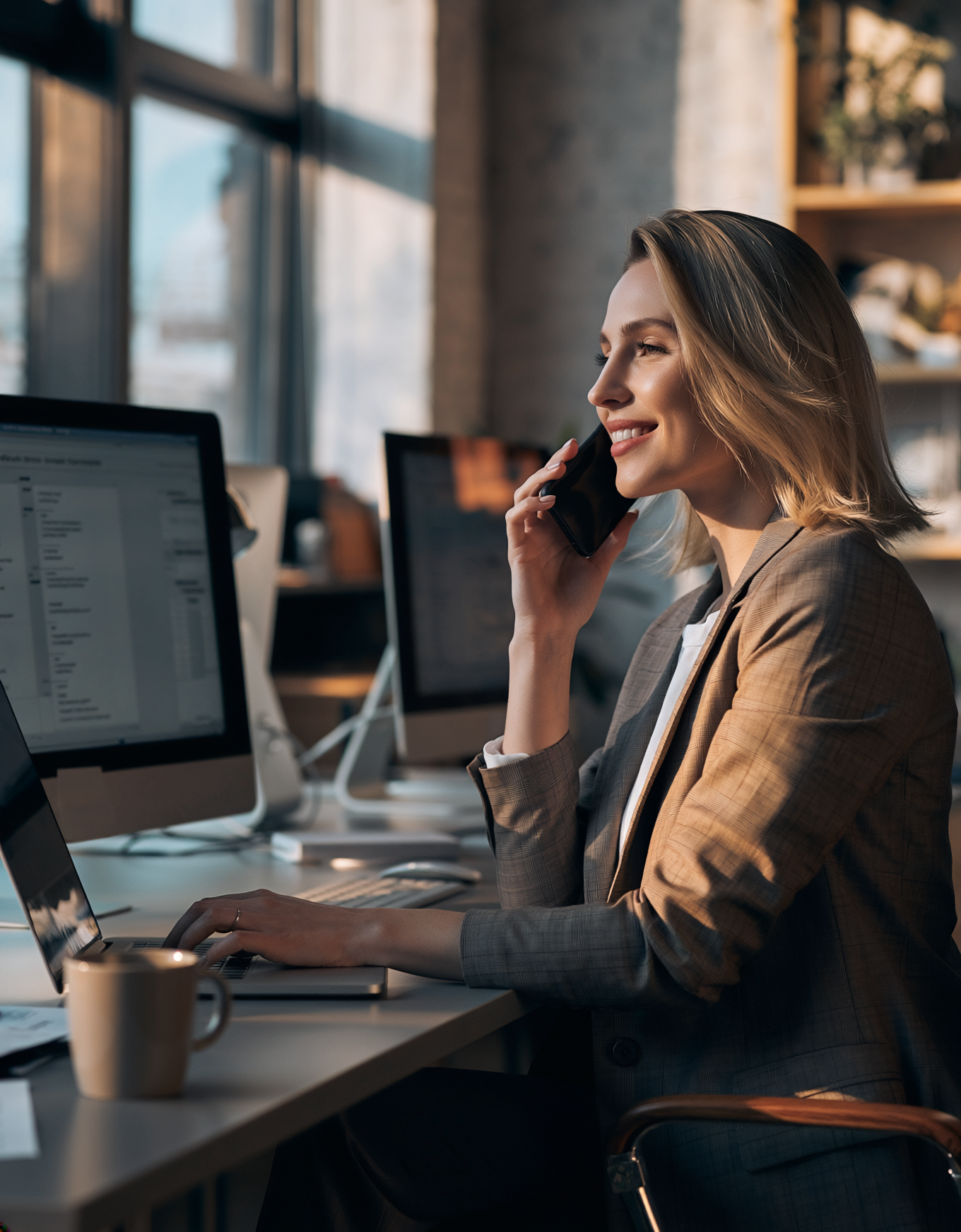 Planner speaking on the phone while managing schedules and workforce planning at a desk in a modern office.