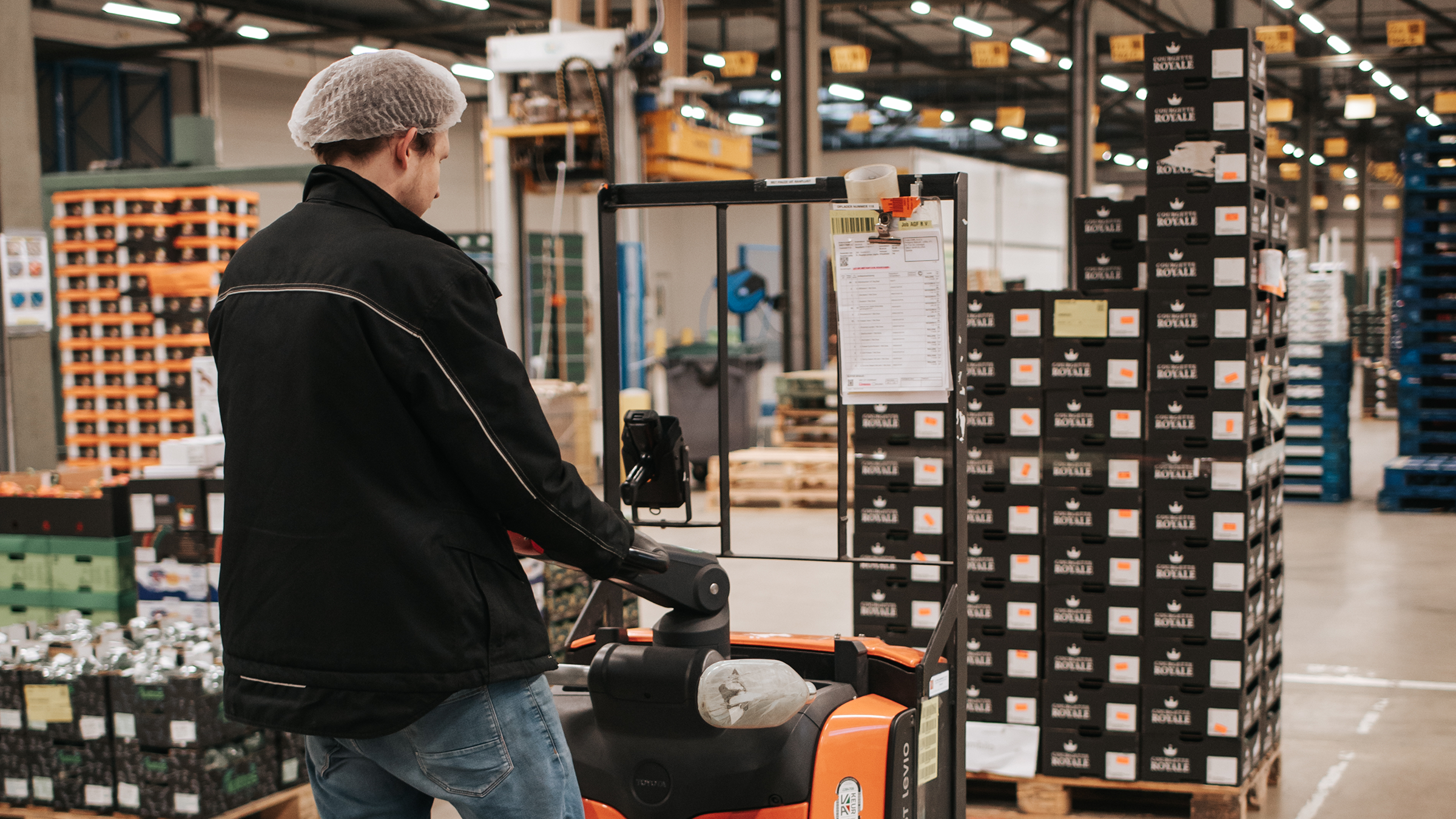 EPT order picker die een elektrische pallettruck bedient in een warehouse en fruit- en groenteorders verplaatst