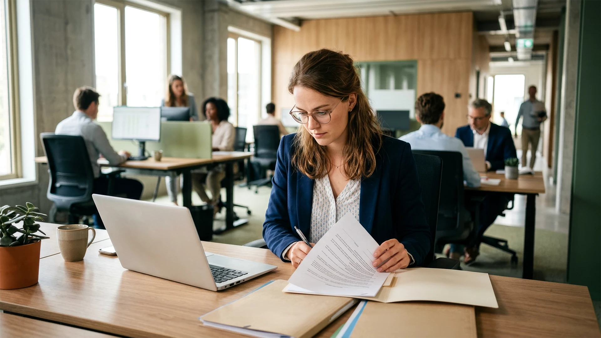 Legal Backoffice Employee sitting behind the desk with contract