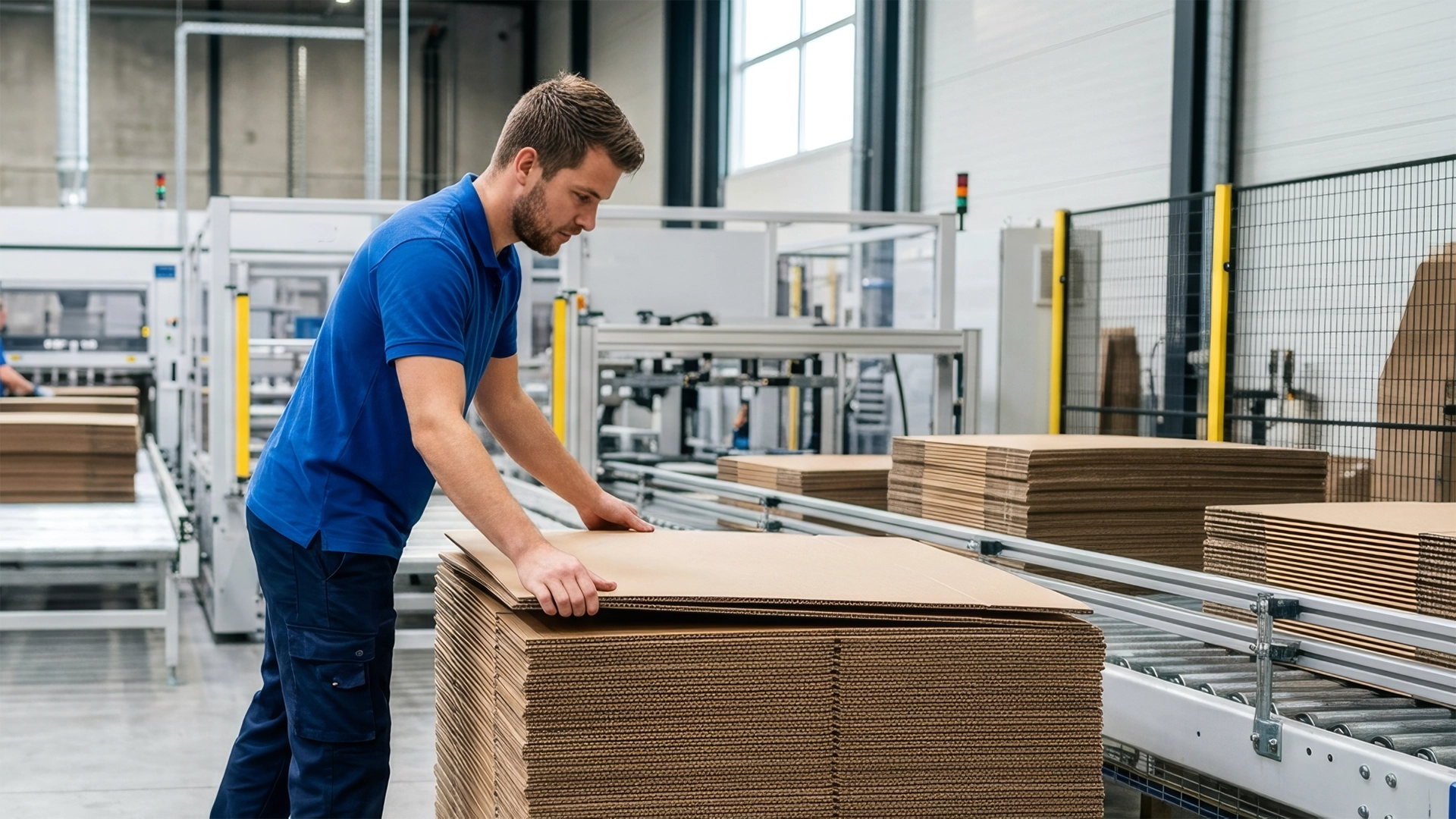 Production Worker stacking cardboard sheets on a production line.