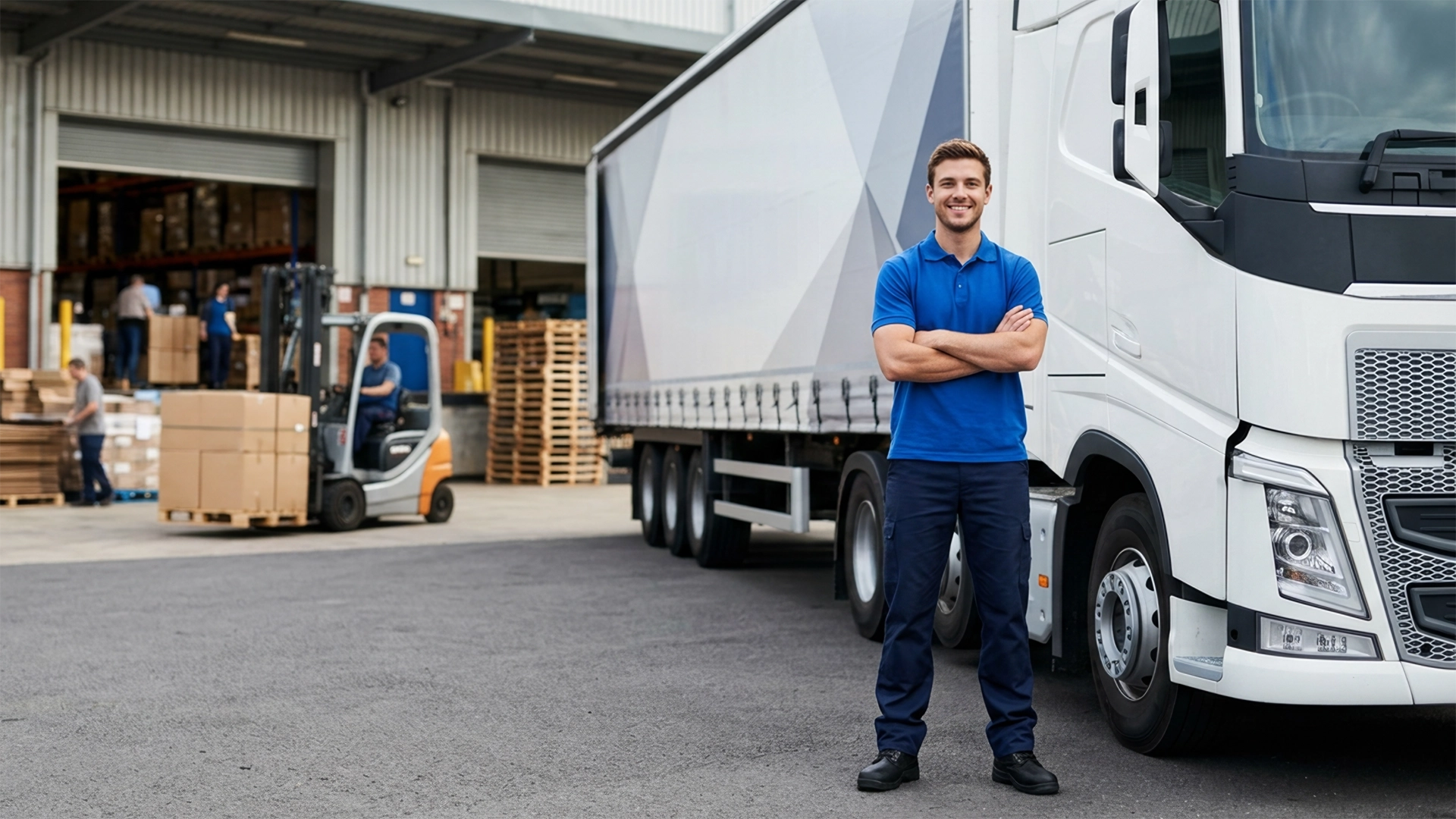 Truck Driver standing next to a truck at a logistics center.