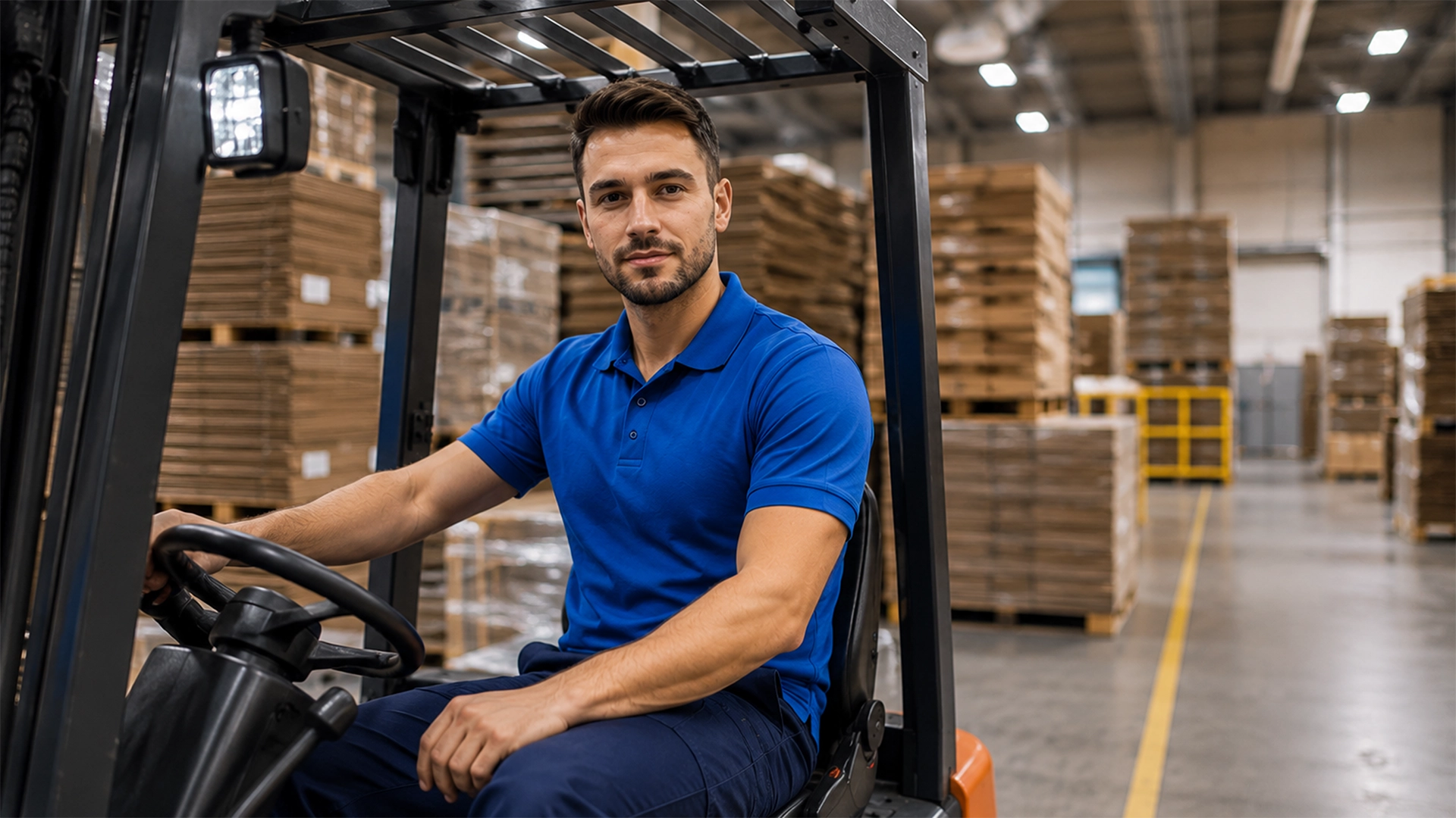 Warehouse Forklift Operator operating a forklift in a warehouse.