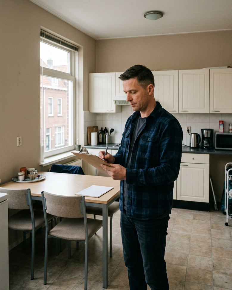 Housing coordinator completing an inspection report in employee accommodation.
